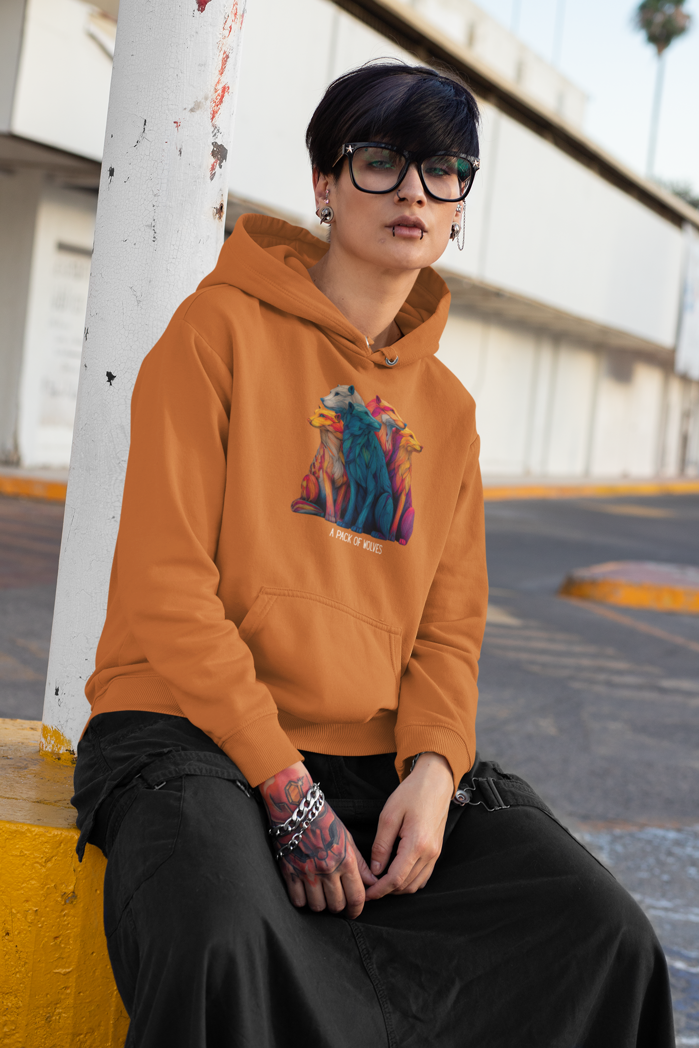Wildlife Lover Wolf Hoodie, Colorful Art (Unisex Pullover) - Image 2