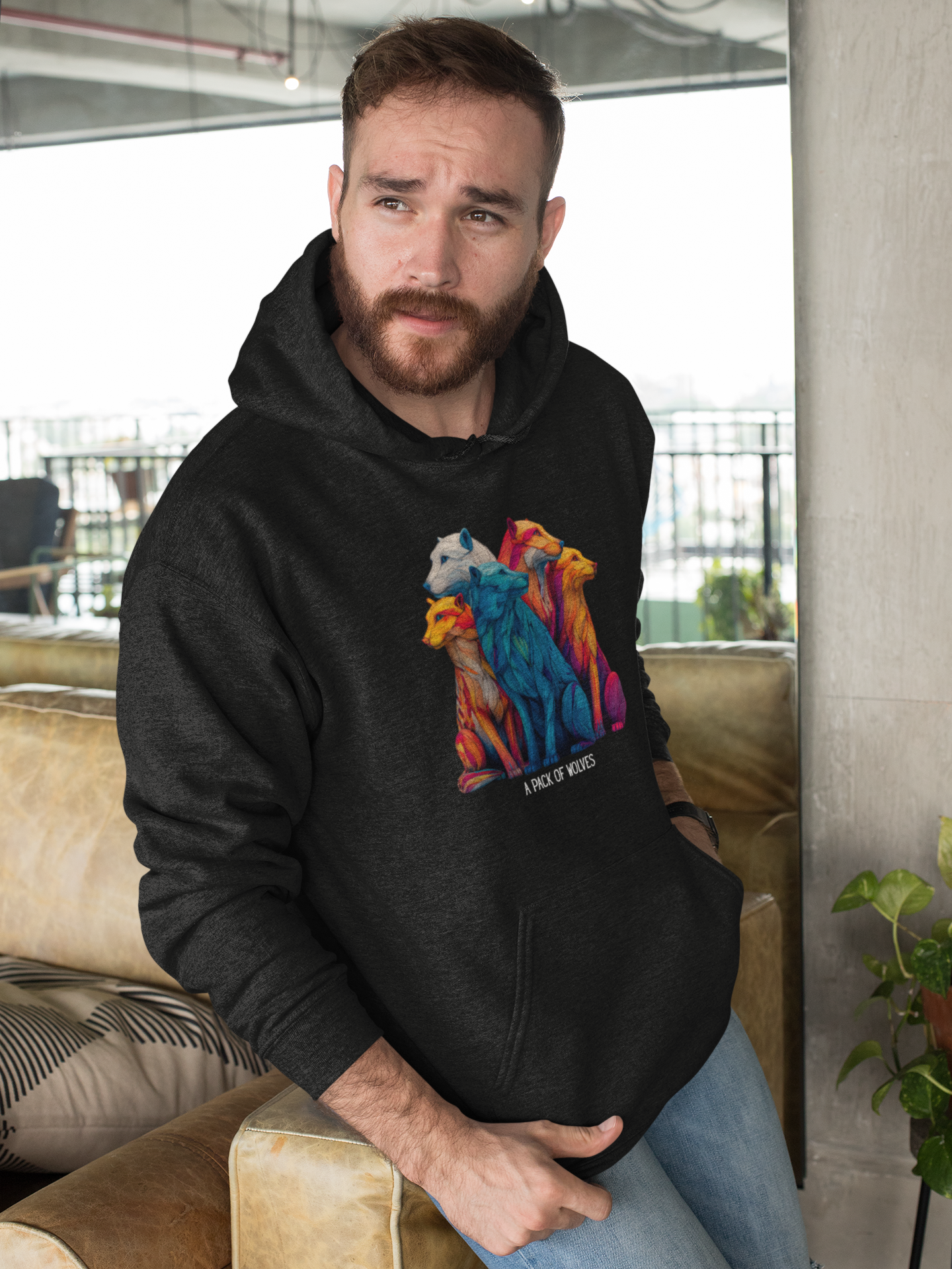 Wildlife Lover Wolf Hoodie, Colorful Art (Unisex Pullover) - Image 3