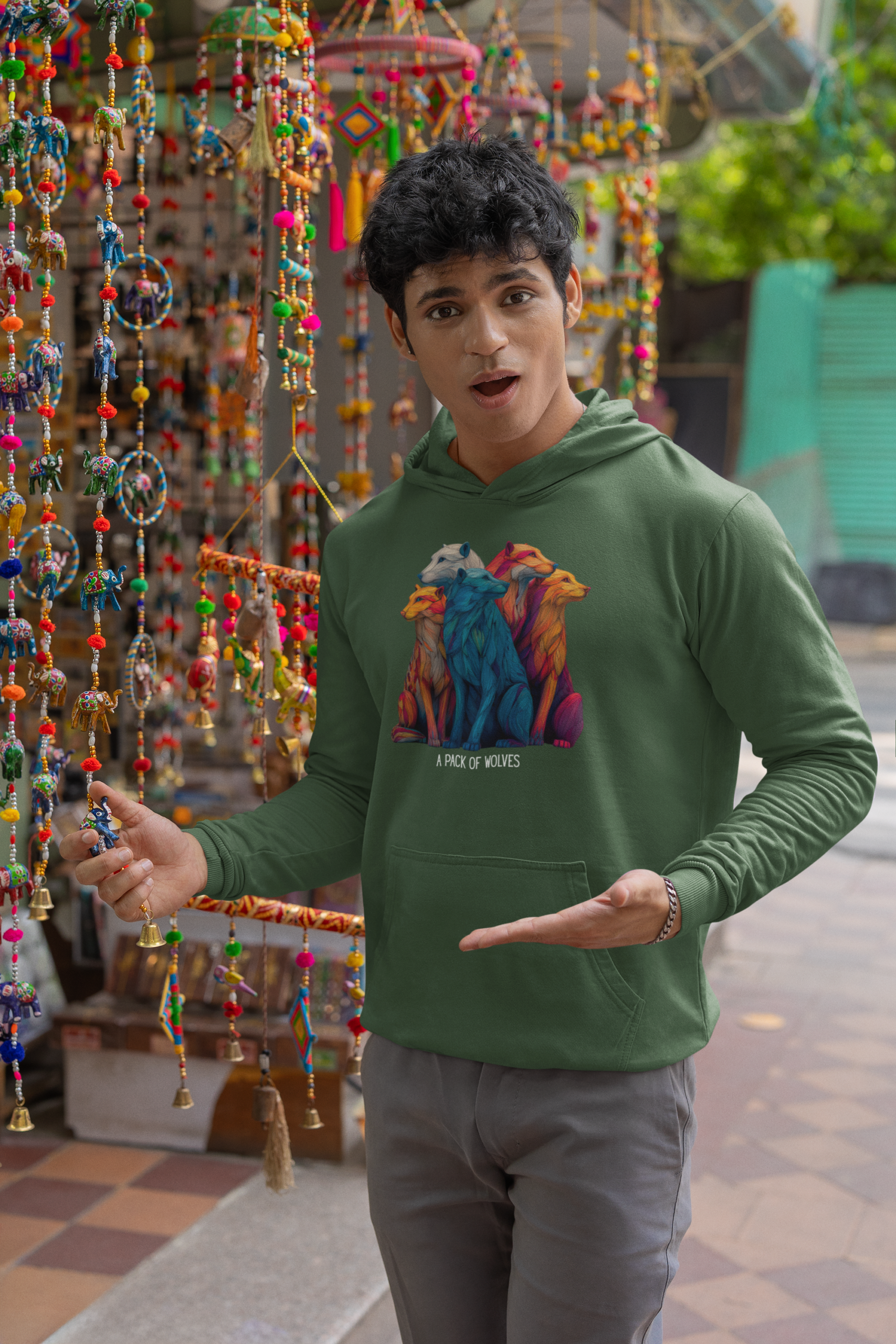 Wildlife Lover Wolf Hoodie, Colorful Art (Unisex Pullover) - Image 5