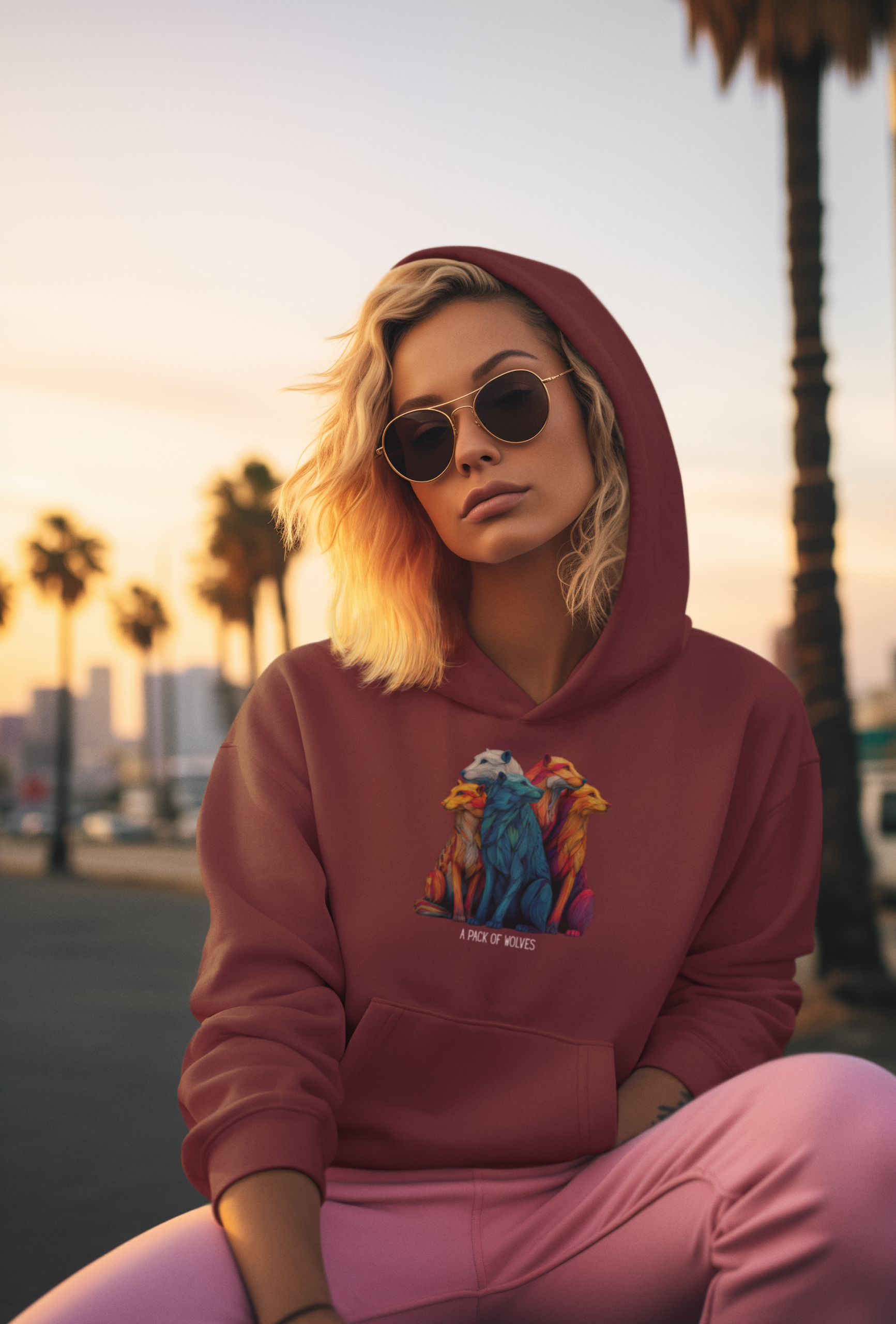 Wildlife Lover Wolf Hoodie, Colorful Art (Unisex Pullover)