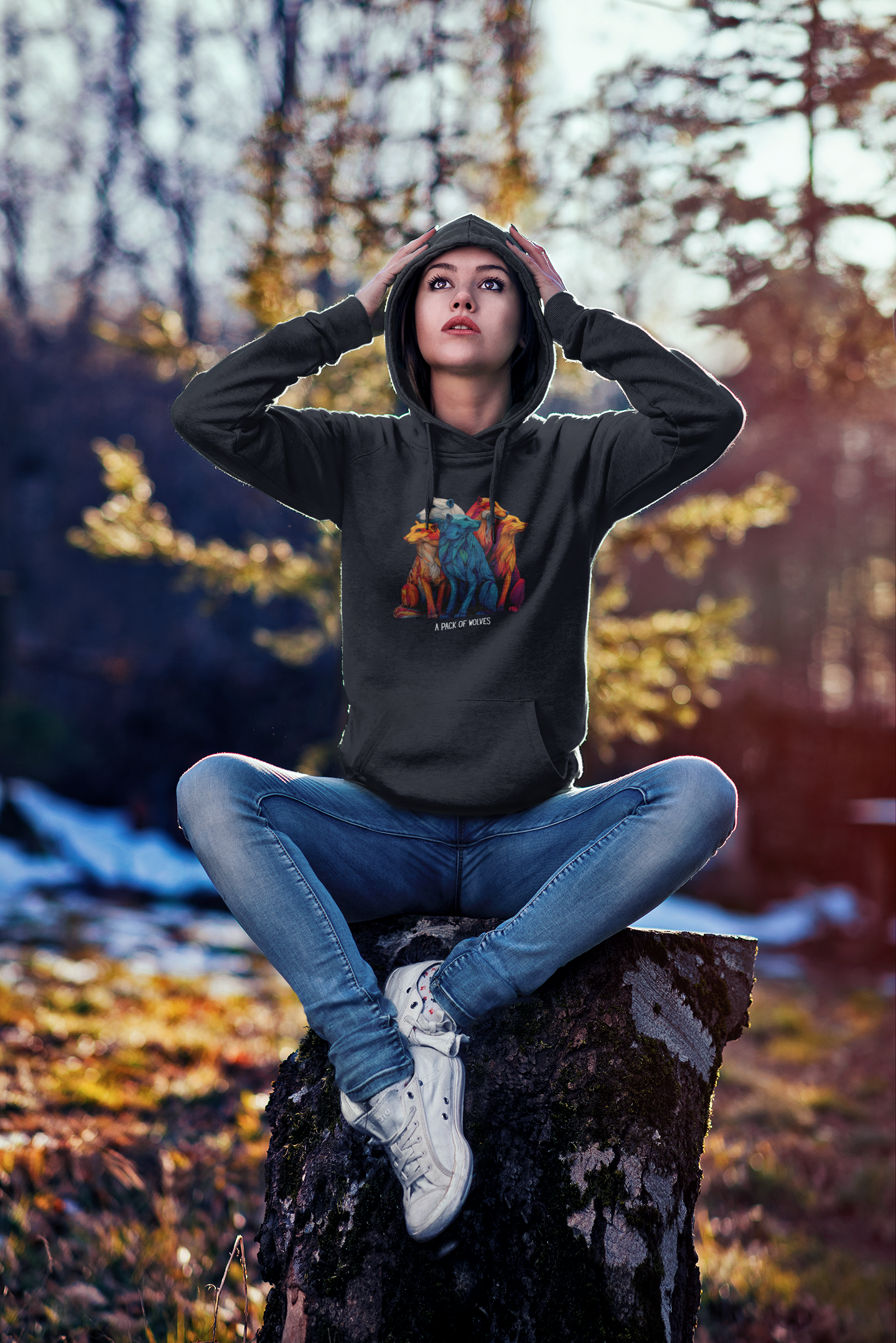 Wildlife Lover Wolf Hoodie, Colorful Art (Unisex Pullover) - Image 6