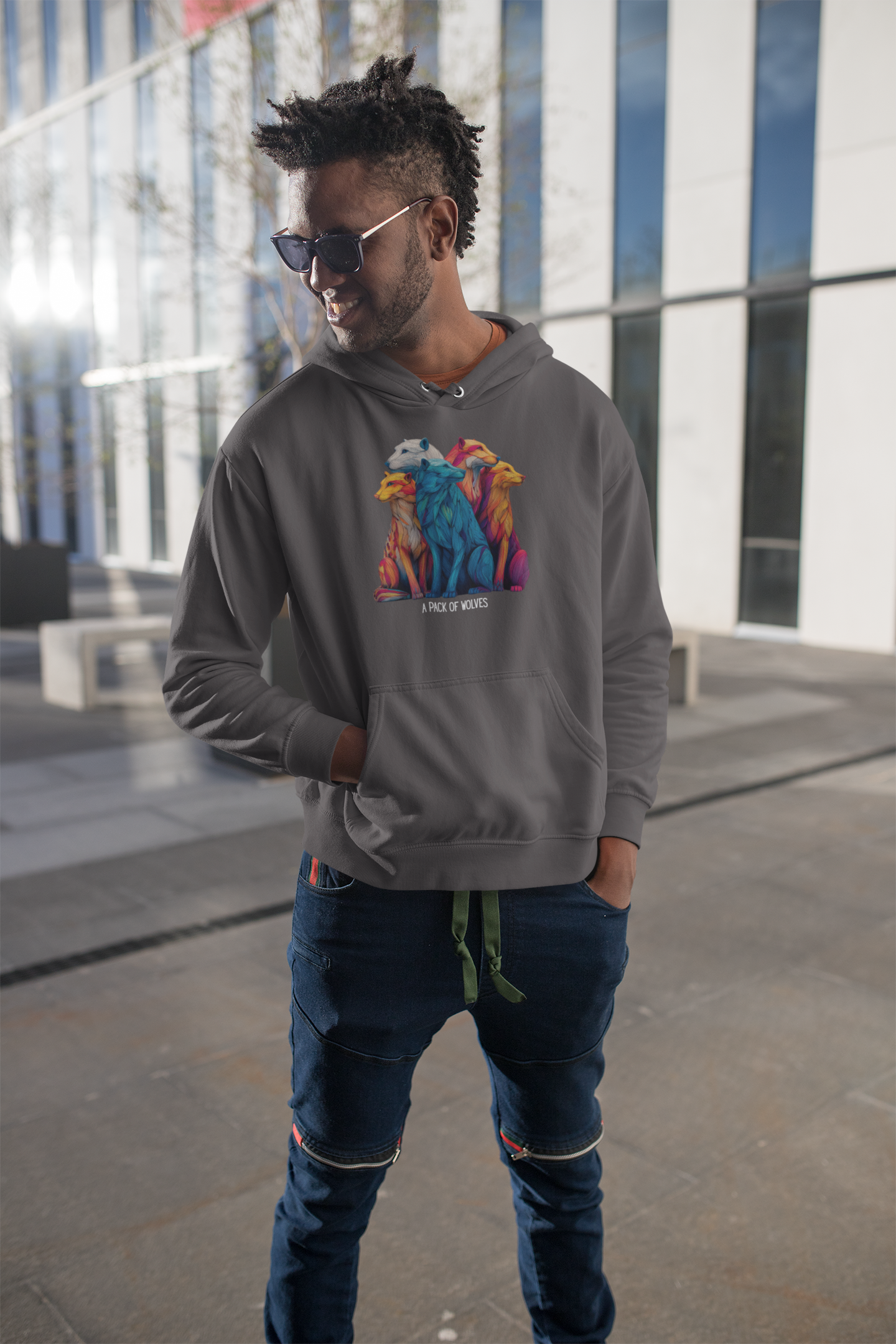Wildlife Lover Wolf Hoodie, Colorful Art (Unisex Pullover) - Image 7